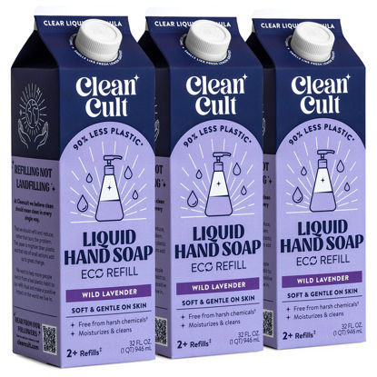 Picture of Cleancult Liquid Hand Soap Refills (32oz, 3 Pack) - Hand Soap that Nourishes & Moisturizes - Liquid Soap Free of Harsh Chemicals - Paper Based Eco Refill, Uses 90% Less Plastic - Wild Lavender