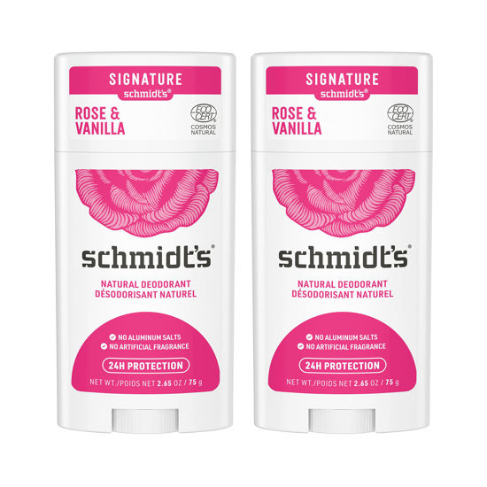 Picture of Schmidt's Aluminum Free Natural Deodorant for Women and Men, Rose and Vanilla with 24 Hour Odor Protection, Certified Natural, Vegan, Cruelty Free, 2.65 oz Pack of 2