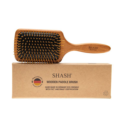 Picture of Since 1869 Hand Made In Germany - SUSTAINABLE Wooden Paddle Brush, Gently Detangles, Styles, Smooths and Conditions Hair, Minimizes Frizz and Breakage, Safe for All Hair Types, Wet or Dry, Eco-Sourced Wood, Wooden Bristles.