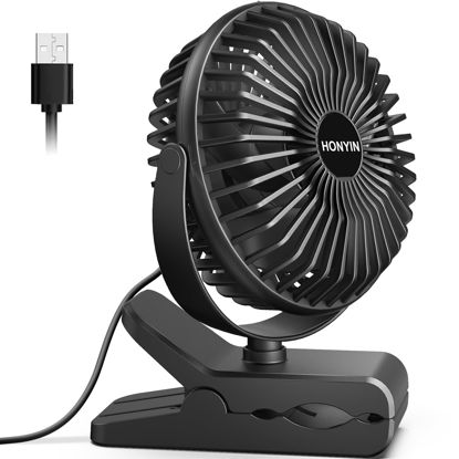 Picture of HONYIN 720° Rotation Small Desk & Clip on Fan with Sturdy Clamp, 3 Speeds, Quiet Little Personal Cooling Fan by USB Plug In, for Bedroom Office Desktop Treadmill