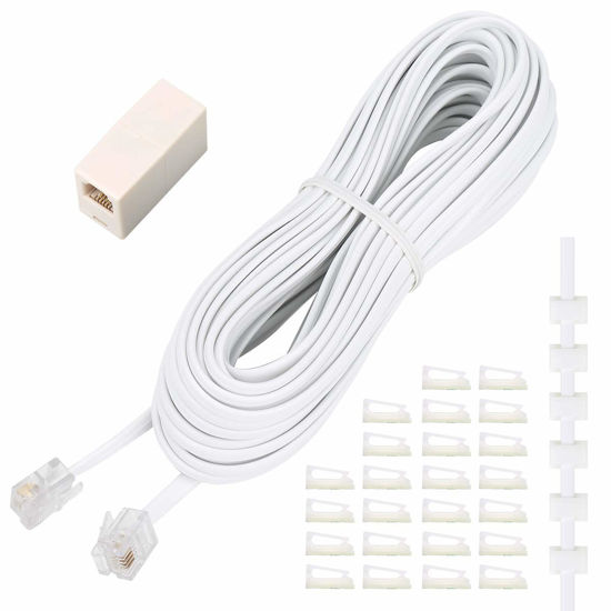 Picture of Uvital Phone Extension Cord 33 Ft, Telephone Cable with Standard RJ11 Plug and 1 in-Line Couplers and 20 Cable Clip Holders, White