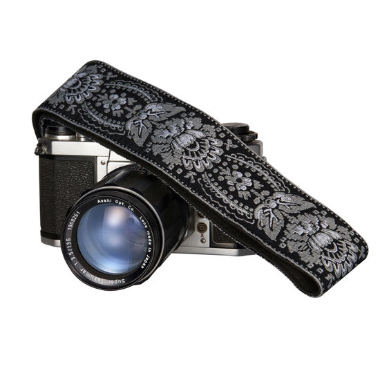 Picture of Art Tribute Camera Strap Royal Silver & Black Woven For All DSLR Camera. Embroidered Elegant Universal Neck & Shoulder Strap, Unique Pattern, Best Gift for Men & Women Photographers