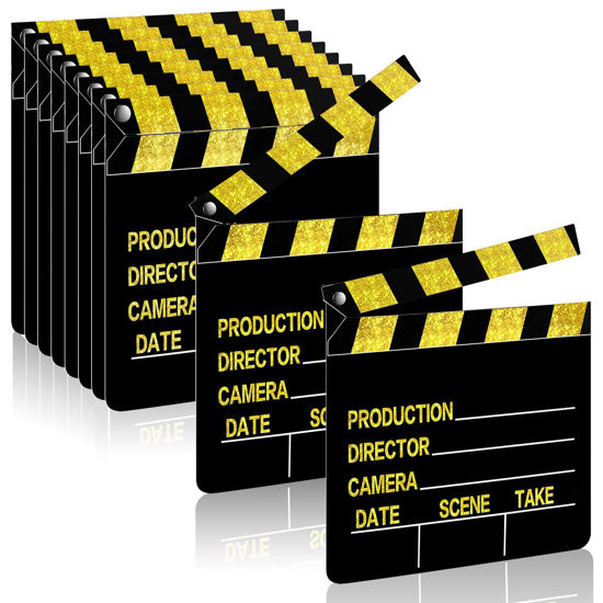 Picture of BBTO 10 Pieces Movie Film Clap Board, 7 x 8 Inch Cardboard Movie Clapboard Movie Directors Clapper Writable Cut Action Scene Board for Movies Films Photo Props(Gold)