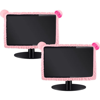 Picture of Hoteam 2 Pcs Computer Monitor Cover with Cat Ear Furry Elastic Monitor Dust Cover Pink Desk Accessories Dustproof Cover Kawaii Decor for PC TV Laptop LCD Screen (17 - 24 Inch)