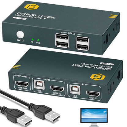 Picture of KVM Switch HDMI 1 Monitor 2 Computers with 4K@30Hz Ultra HD Resolution, 2 Port KVM Switches 4 USB 2.0 Hub,KVM Switches Supporting Wireless Keyboard and Mouse, Plug and Play