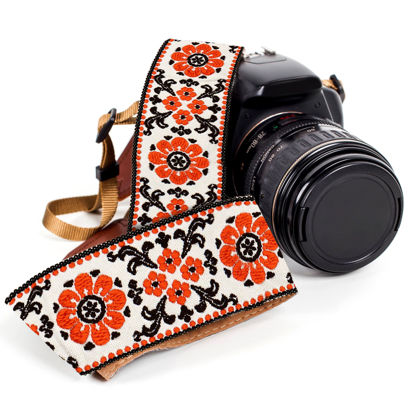 Picture of Art Tribute Orange Flowers Camera Strap Retro 70's Classic Vintage Floral Pattern Camera Strap, Vegan Leather. Best Gift for Men & Women Photographers