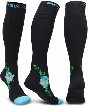 Picture of Physix Gear Compression Socks for Men & Women 20-30 mmhg, Best Graduated Athletic Fit for Running Nurses Shin Splints Flight Travel & Pregnancy - Boost Stamina Circulation - Blue Flower S-M