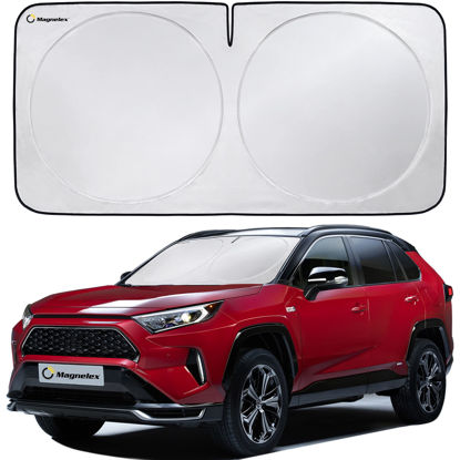 Picture of Magnelex Car Windshield Sun Shade with Storage Pouch. Reflective 240T Material Car Sun Visor with Mirror Cut-Out for Car, Truck, Van or SUV. Foldable Sun Shield for Sun Heat and UV Protection (Medium)