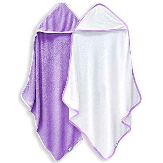 Picture of BAMBOO QUEEN 2 Pack Bamboo Baby Bath Towel - Ultra Absorbent - Ultra Soft Hooded Towels for Kids - X Large Size for 0-7 Yrs (White and Violet, 37.5 x 37.5 Inch)