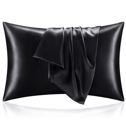 Picture of BEDELITE Satin Silk Pillowcase for Hair and Skin, Black Pillow Cases Standard Size Set of 2 Pack, Super Soft Pillow Case with Envelope Closure (20x26 Inches)