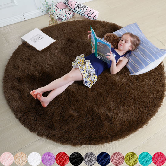 Picture of Brown Round Rug for Bedroom,Fluffy Circle Rug 5'X5' for Kids Room,Furry Carpet for Teen Girls Room,Shaggy Circular Rug for Nursery Room,Fuzzy Plush Rug for Dorm,Brown Carpet,Cute Room Decor for Baby