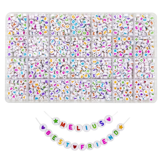 Picture of Melius Acrylic Colored Letter Beads, 1450 Pcs 4x7mm Round Alphabet Beads in 28 Grid Box for Jewelry Making, DIY Bracelets, Necklaces, Key Chains, Bracelets (4x7mm, Colorful)