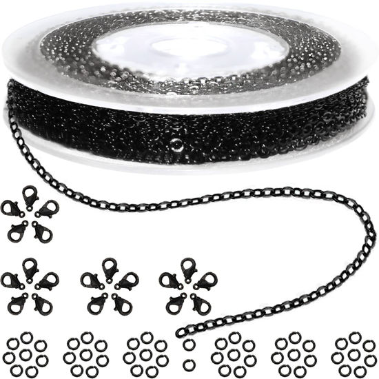 Picture of Jishi 33ft Link Cable Chain Roll 2mm, Black Chain for Jewelry Making Necklace Earring Bracelet DIY Craft Jewelry Making Findings Supplies, Black Plated Iron Metal Rolo Necklace Chain Spool Set