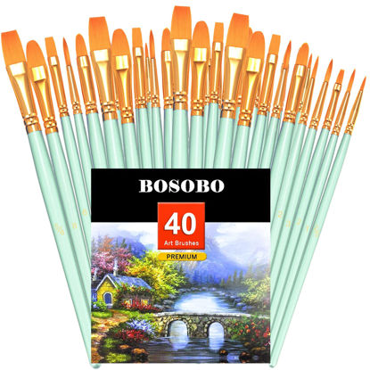 Picture of BOSOBO Paint Brushes Set, 4 Pack 40 Pcs Round Pointed Tip Paintbrushes Nylon Hair Artist Acrylic Paint Brushes for Acrylic Oil Watercolor, Face Nail Art, Miniature Detailing & Rock Painting, Green