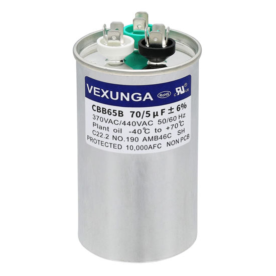 Picture of VEXUNGA 70/5 uF 70+5 MFD 370VAC or 440VAC Dual Run Start Round A/C Capacitor CBB65 CBB65B Air Conditioner Capacitors for AC Unit Fan Motor Start or Heat Pump or Condenser Straight Cool