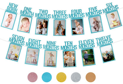 Picture of PartyHooman 1st Birthday Photo Banner for Baby from Newborn to 12 Months, First Birthday Decorations for Boys Monthly Milestones Garland | First Birthday Photo Banner Pre-strung with Frame (Blue)