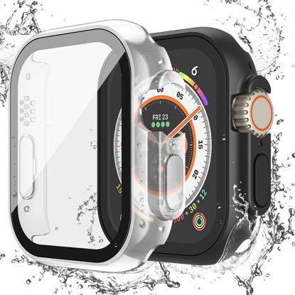 Picture of Misxi [2 Pack] Waterproof Case with Button Designed for Apple Watch Ultra 49mm, Anti-Fall Protective Hard PC Cover with Tempered Glass Screen Protector for iWatch, 1 Black + 1 Transparent