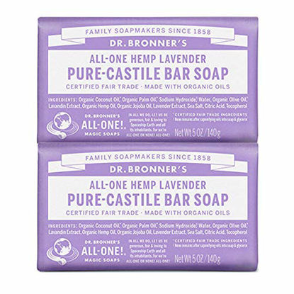 Picture of Dr. Bronner’s - Pure-Castile Bar Soap (Lavender, 5 ounce, 2-Pack) - Made with Organic Oils, For Face, Body and Hair, Gentle and Moisturizing, Biodegradable, Vegan, Cruelty-free, Non-GMO