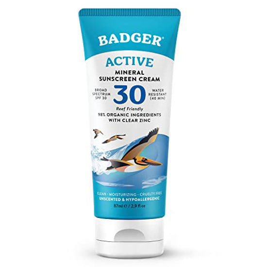 Picture of Badger Mineral Sunscreen Cream SPF 30, All Natural Sunscreen with Zinc Oxide, 98% Organic Ingredients, Reef Safe, Broad Spectrum, Water Resistant, Unscented, 2.9 fl oz