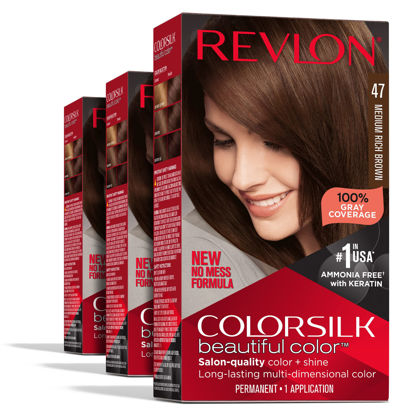 Picture of Revlon Permanent Hair Color, Permanent Brown Hair Dye, Colorsilk with 100% Gray Coverage, Ammonia-Free, Keratin and Amino Acids, Brown Shades (Pack of 3)