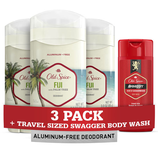 Picture of Old Spice Men's Deodorant Aluminum-Free Fiji with Palm Tree, 3oz (Pack of 3) with Travel-Size Swagger Body Wash