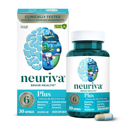 Picture of NEURIVA Plus Brain Supplement for Memory and Focus Clinically Tested Nootropics for Concentration for Mental Clarity, Cognitive Enhancement Vitamins B6, B12, Phosphatidylserine 30 Capsules