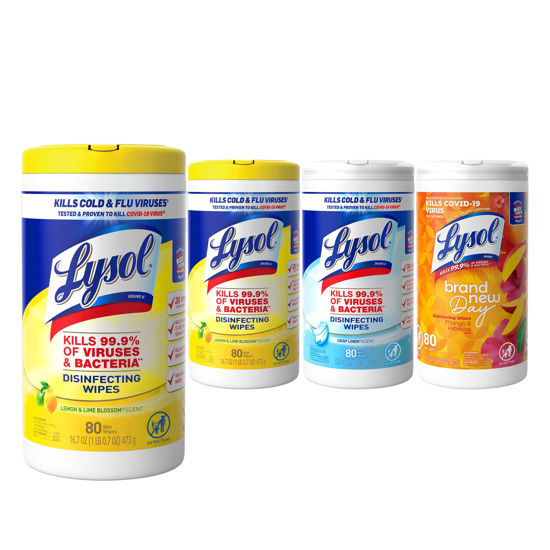 Picture of Lysol Disinfectant Wipes Bundle, Multi-Surface Antibacterial Cleaning Wipes, For Disinfecting & Cleaning, contains x2 Lemon & Lim Blossom (80ct) x1 Crisp Linen (80 Ct) & x1 Mango & Hibiscus (80 Ct)