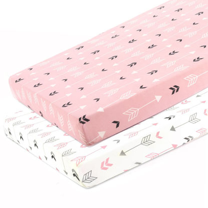 Picture of Stretchy Fitted Pack n Play Playard Sheet Set BROLEX 2 Pack Portable Mini Crib Sheets,Convertible Playard Mattress Cover,Ultra Soft Material,Pink & White Arrow Design