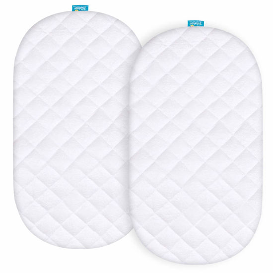 Picture of Bassinet Mattress Pad Cover Compatible with Delta Children Sweet Dreams/Deluxe Sweet Beginnings Bedside Bassinet, Waterproof Mattress Protector, 2 Pack, Bamboo Surface