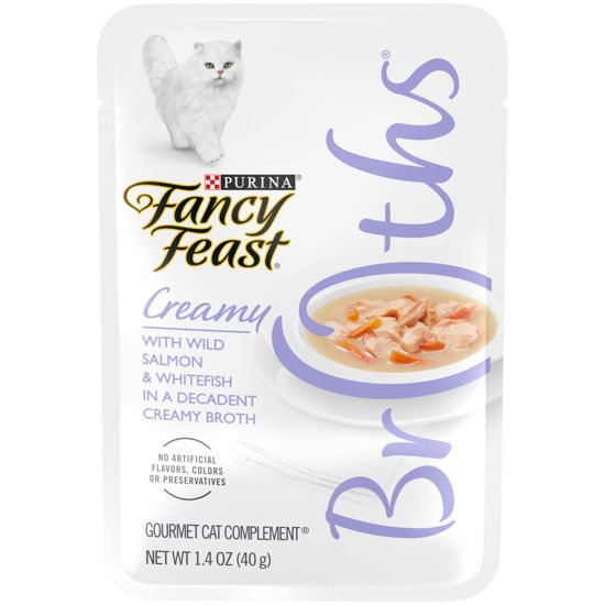 Picture of Purina Fancy Feast Limited Ingredient Wet Cat Food Complement, Broths Creamy With Wild Salmon & Whitefish - (16) 1.4 oz. Pouches