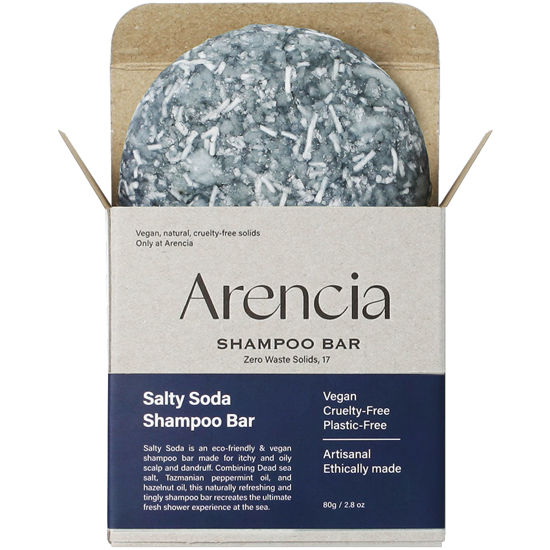 Picture of ARENCIA Salty Soda Shampoo Bar for Normal to Oily Hair, Dandruff, Refreshing and hydrating - Vegan, Plant-based, Natural, pH balanced, Sulfate-free, Eco-friendly, 100% Plastic Free Packaging