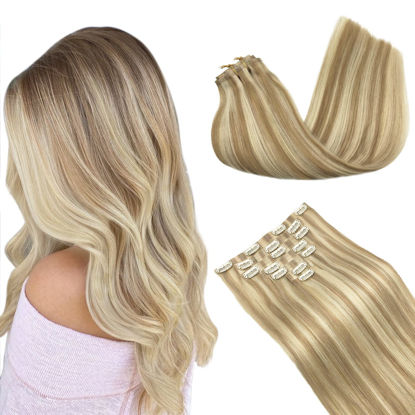 Picture of GOO GOO Seamless Clip In Hair Extensions Remy Real Human Hair Extension with Invisible PU Skin Weft 22 Inch 150g 7pcs Dark Blonde Highlighted Bleach Blonde Natural & Thick & Straight Hair Extensions for Women