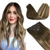 Picture of GOO GOO Seamless Clip In Hair Extensions Remy Real Human Hair Extension with Invisible PU Skin Weft 16 Inch 130g 7pcs Walnut Brown to Medium Brown and Bleach Blonde Natural & Thick & Straight Hair Extensions for Women