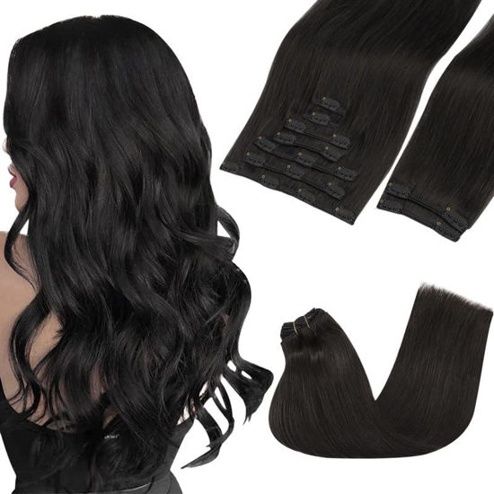 Picture of GOO GOO Clip-in Hair Extensions for Women, Soft & Natural, Handmade Real Human Hair Extensions, Natural black, Long, Straight 1B#, 9pcs 150g 20inch