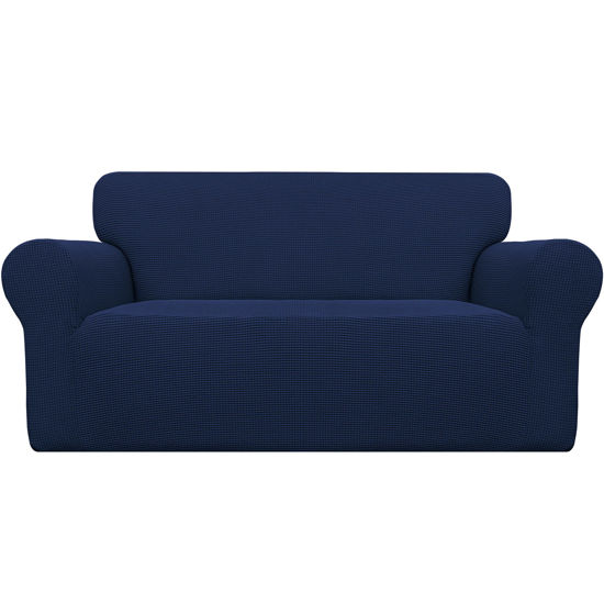 Picture of Easy-Going Stretch Loveseat Slipcover 1-Piece Sofa Cover Furniture Protector Couch Soft with Elastic Bottom for Kids Polyester Spandex Jacquard Fabric Small Checks (Loveseat, Navy)