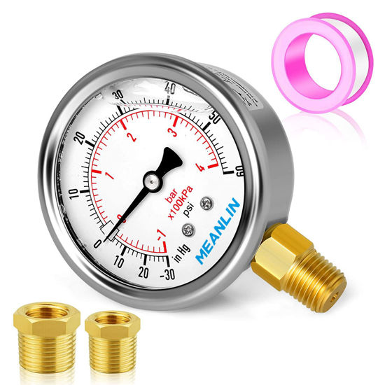 Picture of MEANLIN MEASURE -30~60Psi Stainless Steel 1/4" NPT 2.5" FACE DIAL Vacuum Pressure Gauge, Lower Mount