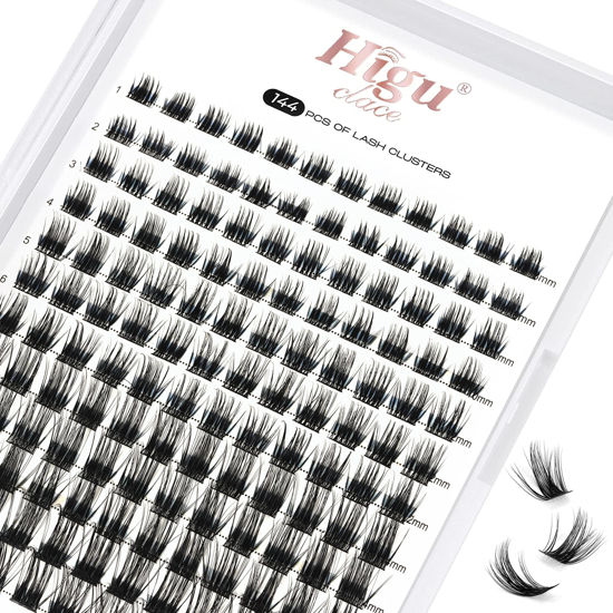 Picture of Lash Clusters DIY Eyelash Extensions 144 Pcs Cluster Eyelash Extensions 8-16mm Cluster Lashes D Curl Lash Clusters Thin Stem Eyelash Clusters Reusable Makeup for Self-application (Fluffy-Big D 8-16)