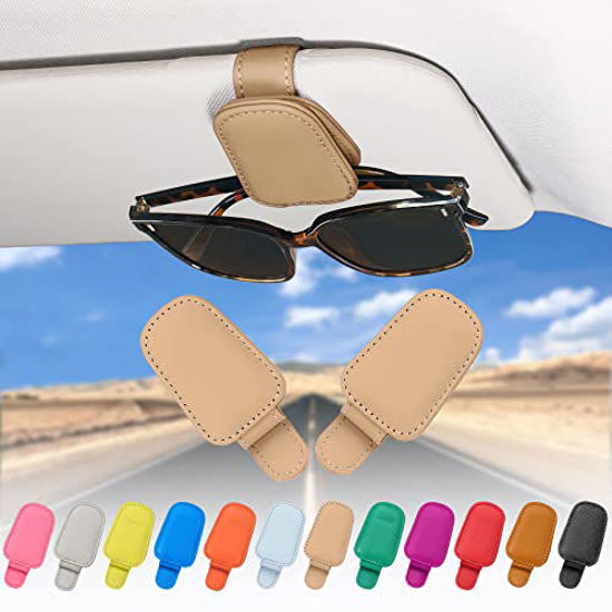 GetUSCart- compuda 2 Packs Sunglass Holder for Car Sun Visor Car  Accessories, Genuine Leather Car Sunglass Holder, Glasses Clip for Cars  SUV(Light Brown)
