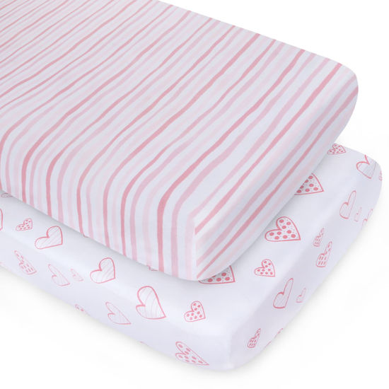 GetUSCart Biloban Crib Sheets for Girl Fitted Crib Sheets for Standard Crib and Toddler Mattresses 100 Jersey Knit Cotton Crib Sheet for Baby Girls Pink Heart Stripes