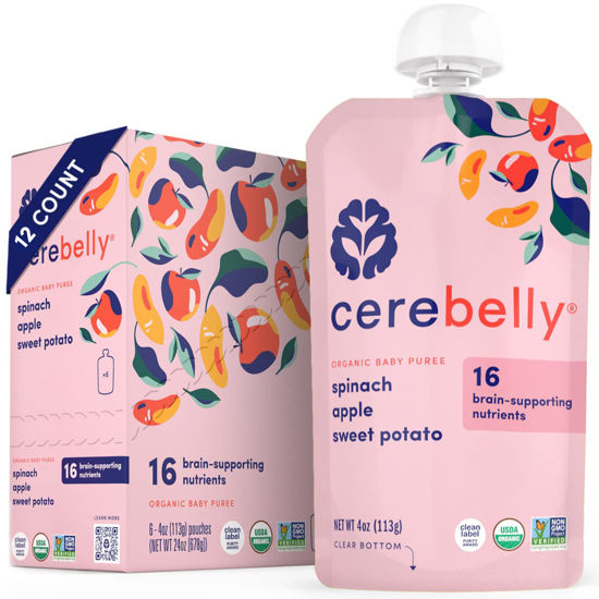 Picture of Cerebelly Baby Food Pouches - Spinach Apple Sweet Potato (4 oz, 12 Count) - Toddler Snacks - 16 Brain-supporting Nutrients from Superfoods - Healthy Snacks, Gluten-Free, Non-GMO, No Added Sugar