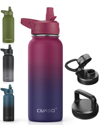 Picture of CIVAGO 32 oz Insulated Water Bottle With Straw, Stainless Steel Sports Water Cup Flask with 3 Lids (Straw, Spout and Handle Lid), Wide Mouth Travel Thermo Mug, Dark Rainbow