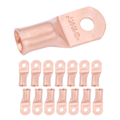 Picture of SELTERM 15pcs 1/0 AWG 1/4" Stud - UL Heavy Duty Battery Terminal Connectors, Bare Copper Battery Cable Lugs, 0 Gauge Wire Connectors, Electrical Battery Cable Ends, Ring Terminals Copper Lugs