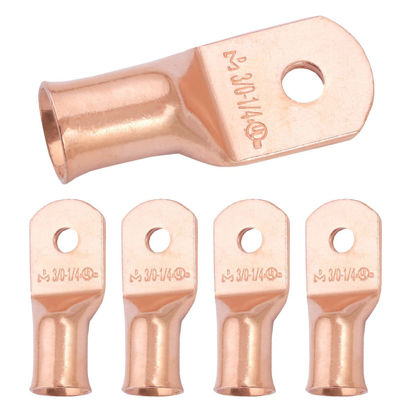 Picture of SELTERM 5pcs 3/0 AWG 1/4" Stud Copper Wire Lugs, Battery Lugs, Ring Terminals, Battery Cable Ends, 000 Gauge Ring Terminal Connectors, UL Heavy Duty Bare Copper Eyelets Battery Terminal Connectors