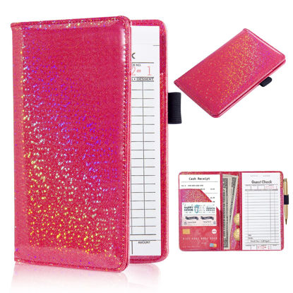 Picture of ACdream Server Books for Waitress, Guest Book Note Pad, Cute Pocket Leather Money Organizer Wallet, Cash Check Bill Receipt Holder Presenter, Waiter Accessories Fit Server Apron, Red Glitter