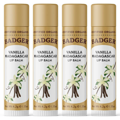 Picture of Badger - Classic Lip Balm, Vanilla Madagascar, Made with Organic Olive Oil, Beeswax & Rosemary, Certified Organic, Moisturizing Lip Balm, 0.15 oz (4 Pack)