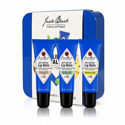 Picture of Jack Black Intense Therapy Lip Balm Trio with SPF Sunscreen 25 - Shea Butter & Vitamin E, Natural Mint & Shea Butter, Pineapple Mint - Set of 3 in Tin, 0.25 oz.