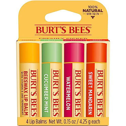 Picture of Burt's Bees Lip Balm, Moisturizing Lip Care, 100% Natural, Freshly Picked - Original Beeswax, Cucumber Mint, Watermelon, & Sweet Mandarin (4 Pack)