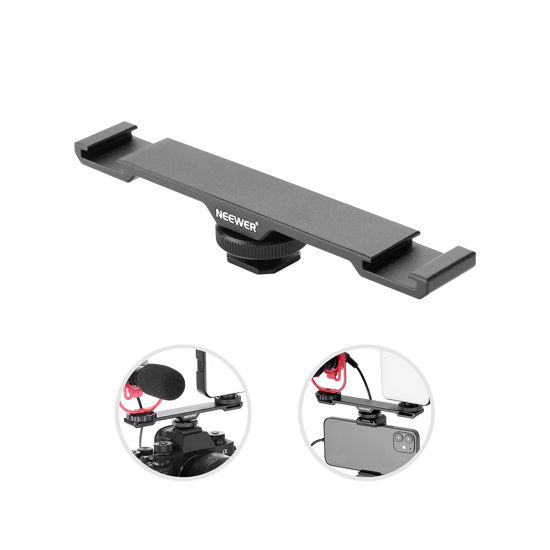 Picture of NEEWER Dual Cold Shoe Mount Bracket, Aluminum Alloy Dual Hot Shoe Extension Bar with 1/4" Thread, Compatible with iPhone Nikon Canon Sony DSLR Camera Camcorder LED Light Mic Speedlite