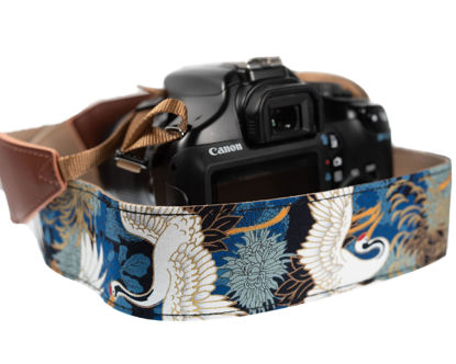 Picture of Camera Strap Blue Crane Gold Foil Vintage Style For All DSLR Camera. Embroidered Christmas Gift Universal Neck & Shoulder Strap, Floral Pattern, Stocking Stuffer, Photographers Gift for Men & Women