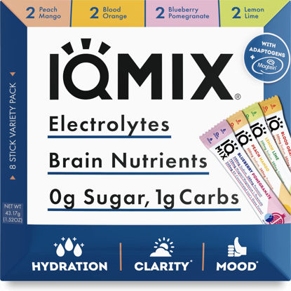 Picture of IQMIX Sugar Free Electrolytes Powder Packets - Hydration Supplement Drink Mix with Keto Electrolytes, Lions Mane, Magnesium L-Threonate, and Potassium Citrate - Sampler Pack (8 Count)